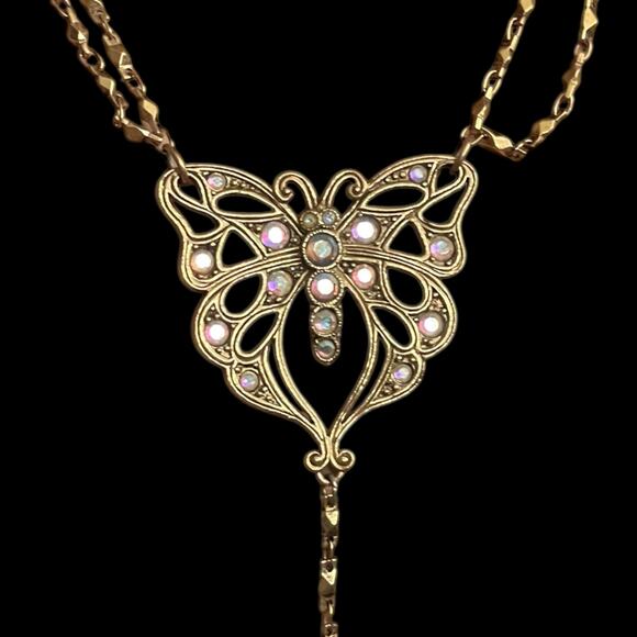 Vintage Butterfly Necklace Y Drop Gold Tone AB Rhinestone Signed Avon - Picture 1 of 11